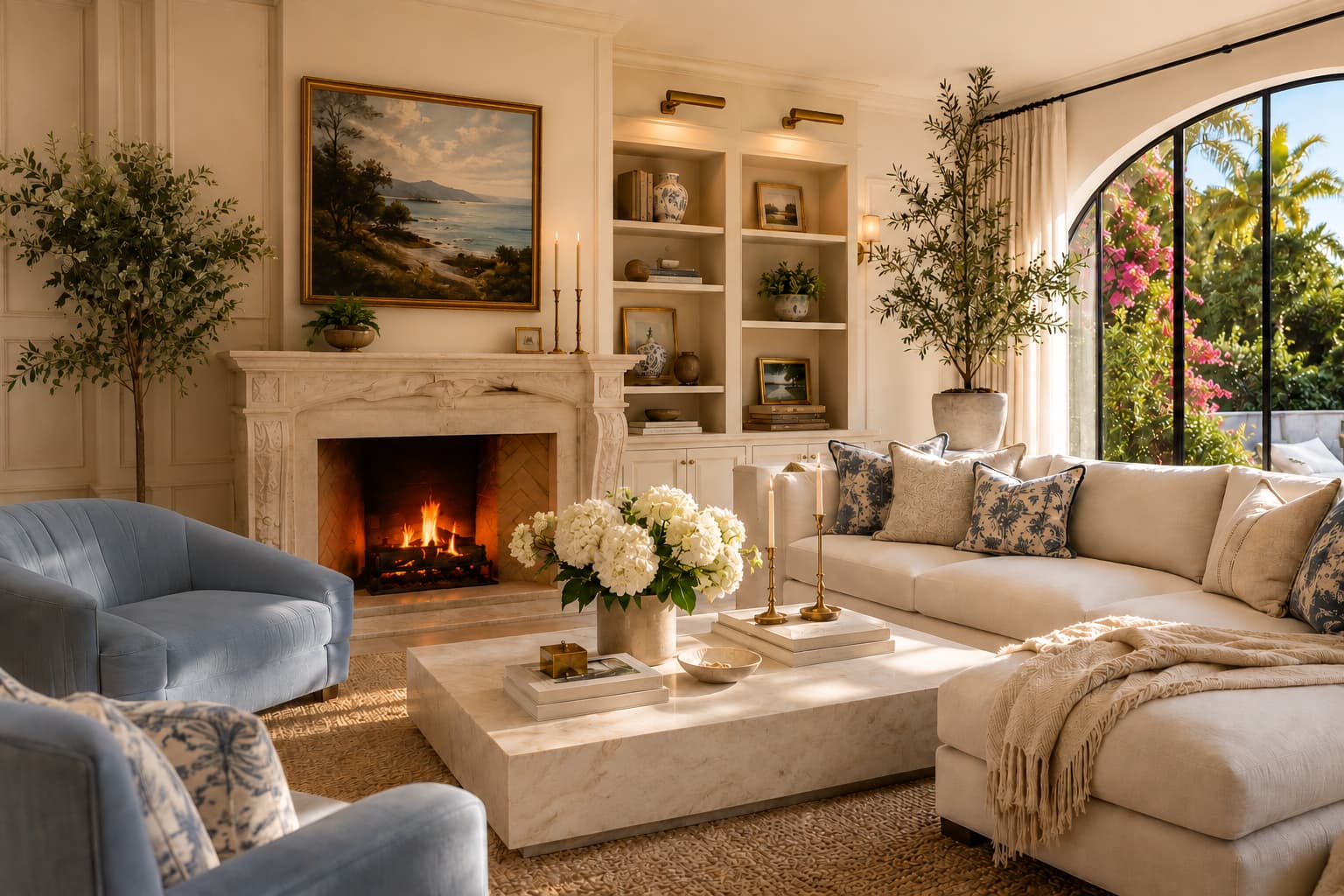 A warmly lit living room designed by Hollynn Hill, with a marble fireplace and blue upholstered armchairs