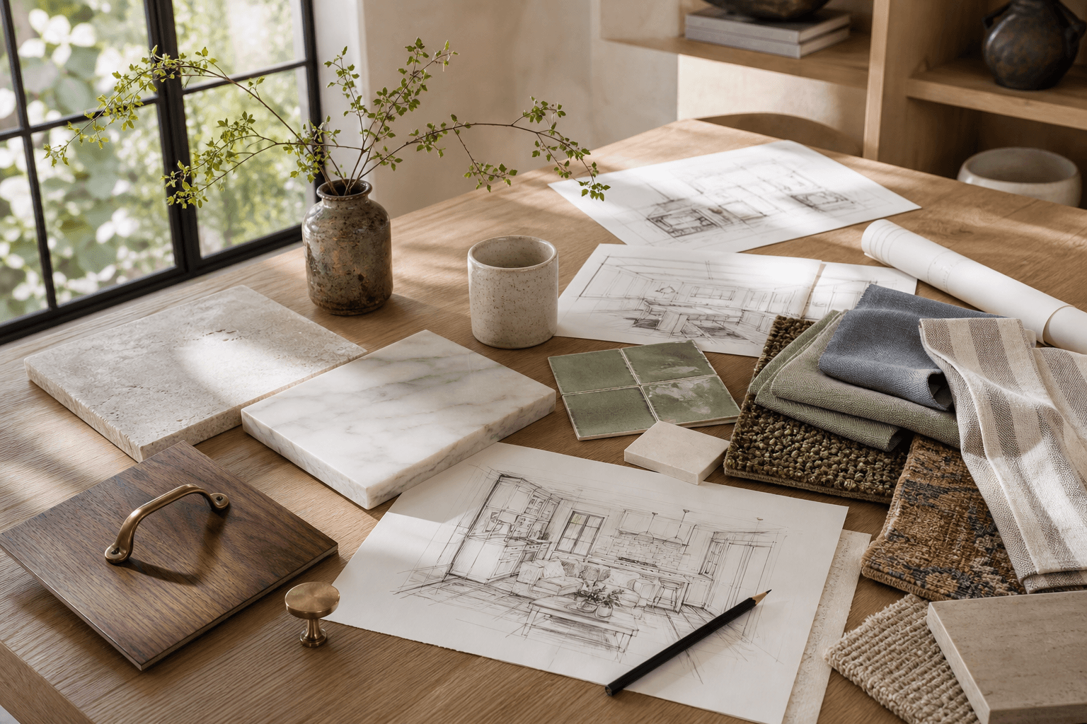 Interior design materials, fabric, tile, stone, and sketches arranged on a worktable