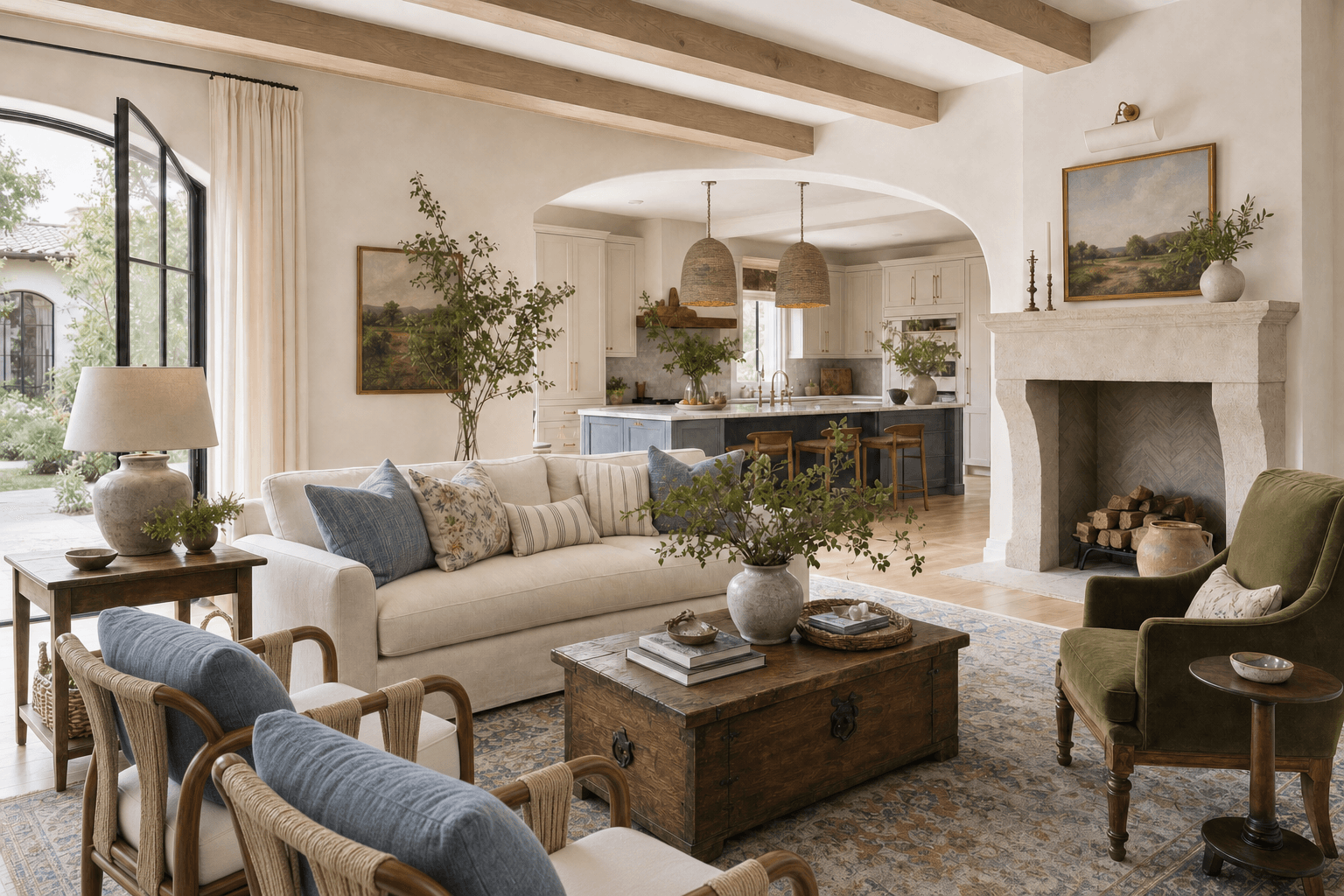 Light transitional living room and kitchen with European details